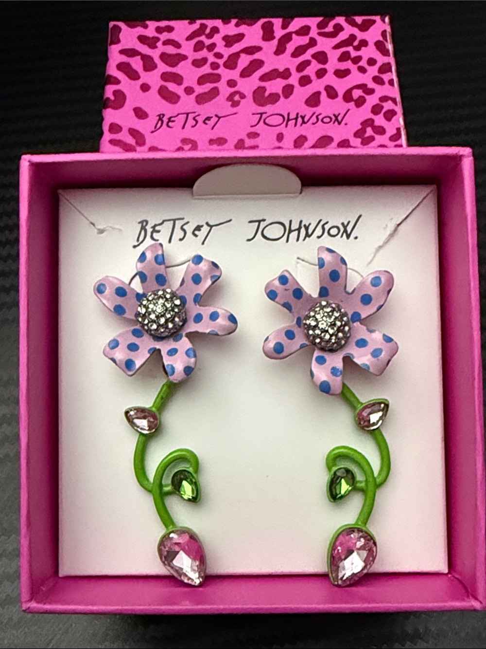 Betsey Johnson Pink & Green Floral Drop Earrings